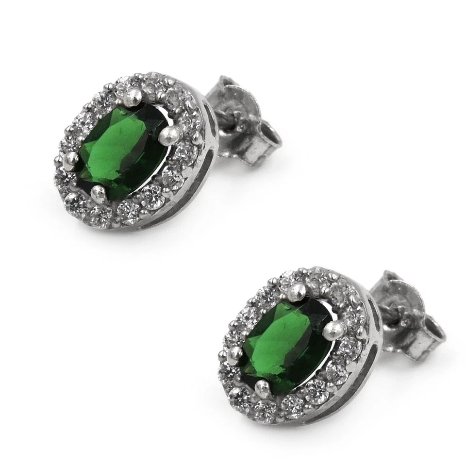 Orecchini Ovali Rosa di Francia in Argento 925 con Zircone Verde - Immagine 1 di 2