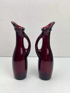 Vintage Anchor Hocking Ruby Red Depression Glass Skinny Vase/Pitcher Set Of 2 - Picture 1 of 8