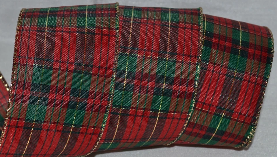 Fita com fio~Xadrez Tartan Vermelho Natal~2,5"~Verde Feriado~Ouro~Grinalda~Presente~Arco - Imagem 1 de 1