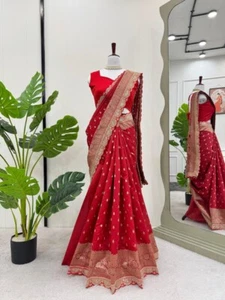 Último sari de seda Kota con blusa roja para compromiso y boda - Imagen 1 de 11