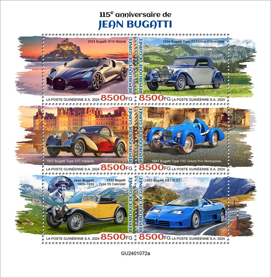 Jean Bugatti 115th Anniversary Cars MNH Stamps 2024 Guinea M/S - Image 1 of 1