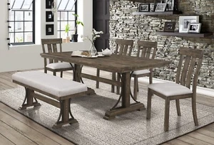 Rustic Style 6pc Dining Table Chair Bench Set Brown Finish Wood Fabric Furniture - Picture 1 of 4