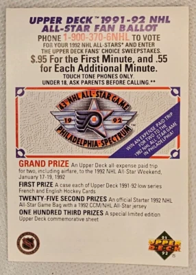 Boleta de Fan del Juego de Estrellas de la NHL Upper Deck 1991-92 Philadelphia Flyers Spectrum Arena Foto 1 de 4