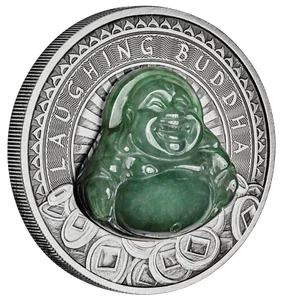 2019 LAUGHING BUDDHA $1 Dollar 1oz .9999 SILVER ANTIQUED JADE-Insert COIN - Picture 1 of 5