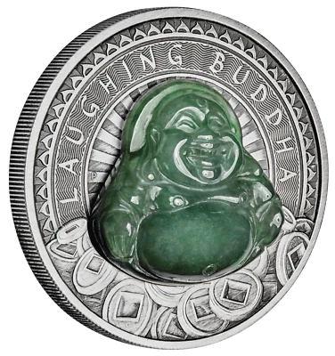 2019 LAUGHING BUDDHA $1 Dollar 1oz .9999 SILVER ANTIQUED JADE-Insert COIN - Image 1 of 4