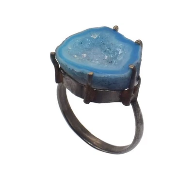 Anillo de joyería de rodio negro hecho a mano con piedras preciosas druzy geoda rebanada EE. UU. 8,5 P841 Foto 1 de 4