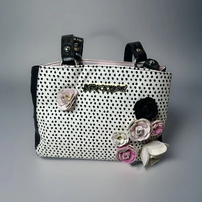Betsey Johnson Quilted White Black Polka Dot Handbag Purse Pink Flowers Appliqué - Image 1 of 4