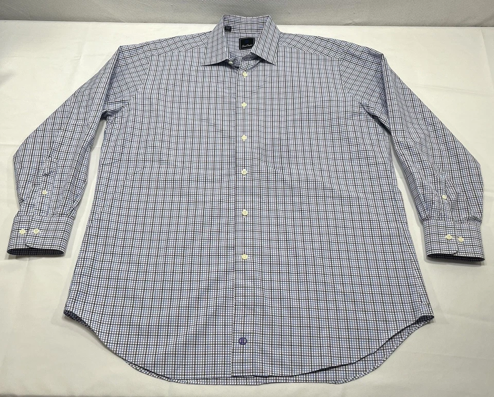 Camisa de vestir David Donahue para hombre 17 34/35 azul púrpura botones a cuadros puño francés Foto 1 de 4
