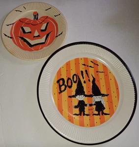 2 Vintage Halloween Pappteller Gibson JOL Kürbis + Schilf Trick or Treat Hexe Fledermäuse - Bild 1 von 8