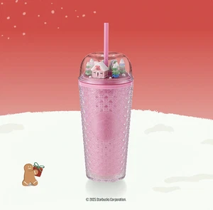 Starbucks Christmas 2025 Tumbler Cold Cup Pink with Christmas Dome Lid 16oz New - Picture 1 of 6