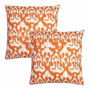 Traditional Handmade Cotton Kantha Work Embroidery Ikat Cushion Covers 16Inc 2Pc - Picture 1 of 7