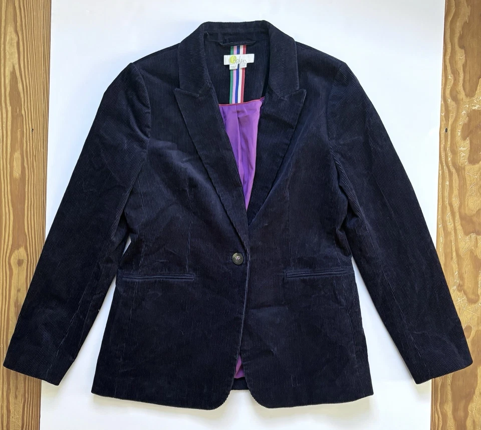 Blazer feminino Boden azul marinho veludo jaqueta de algodão stretch tamanho 8 R excelente - Imagem 1 de 4
