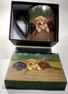 Lang 14oz Mug ON THE FENCE Cute Labrador Puppies Jim Lamb Barn farm scene box - Picture 1 of 17