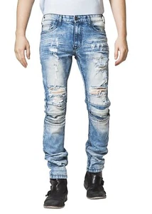 Mad Blue Men's Biker Slim Fit Tapered Leg Distressed Moto Style Jeans - Picture 1 of 4