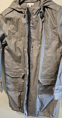 Women's Trench Coat Garnet Hill 100% Linen Grey Hooded - Image 1 of 4