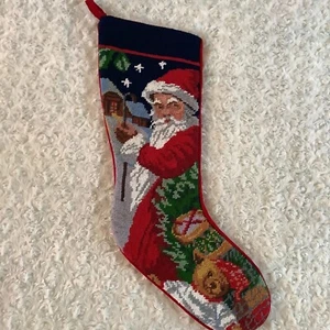 #1 Vintage red velvet needlepoint wool Santa Claus bear Christmas stocking 14" - Picture 1 of 8