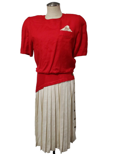 OFF WHITE Abito vintage Union Made Joan Sparks per Daniel Barrett rosso sporco bianco midi pieghe 12