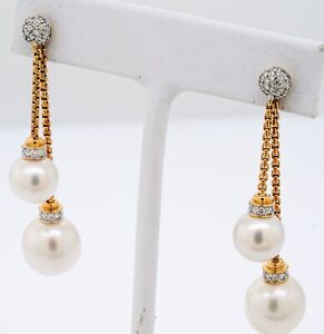 David Yurman 18K YG 0.50CT VS diamond & 10.0 - 12.2mm pearl dangle earrings