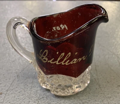 Antique 1907 Red Flash Glass Souvenir Creamer Etched Name Lillian Wilson - Image 1 of 4