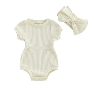 Summer Infant Baby Girls Romper Cotton Baby Jumpsuit Solid Color Short Sleeve Pl - Picture 1 of 9