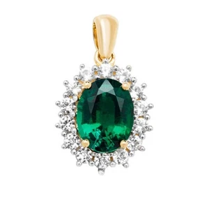 Men's 9ct Gold Claw Set Created Emerald and White Sapphire Edge Oval Necklace - Picture 1 of 4