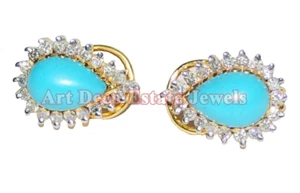 0.91ct Natural Round Diamond 14k Yellow Gold Turquoise Omega Back Stud Earring - Picture 1 of 5