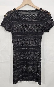 Sheer Lace Micro Mini Dress Y2K 90s Fairy Grunge Goth Glam Metallic Black Size M - Picture 1 of 13