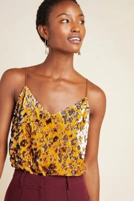 Anthropologie Velvet sequin top Camisole size L In Bronze Gold by ro & de - Image 1 of 4