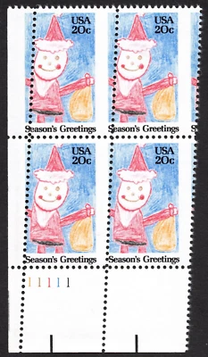 US # 2108 *MINT OG NH { "SCARCE MISPERF SHIFT BLOCK OF 4 ) 20c SEASON'S GREETING - Image 1 of 2