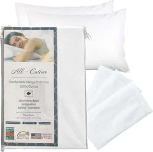 National Allergy Premium 100% Cotton Zippered Pillow Protector - Queen Size - Wh - Picture 1 of 12