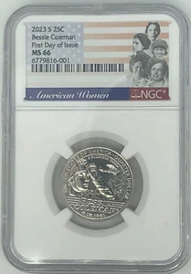 🔥FIRST DAY OF ISSUE🔥 2023 S BESSIE COLEMAN American Women AWQ 25c NGC MS66 - Picture 1 of 3