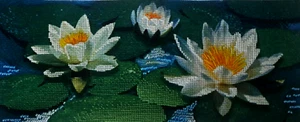 Finished Unframed Embellished Cross Stitch Picture Flowers Lotus Water Lily Gift - Picture 1 of 5