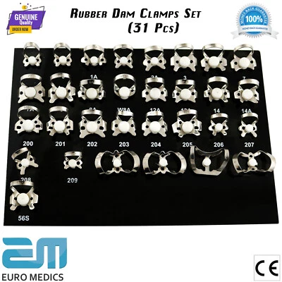 MEDENTRA MANUFACTURING PK DENTAL RESTORATIVE SET OF 31 RUBBER DAM CLAMPS GERMAN STEEL CE NEW COLLIERS