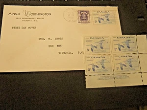 1955 Canada FDC - Geese - and MH Block of Stamps - Picture 1 of 3