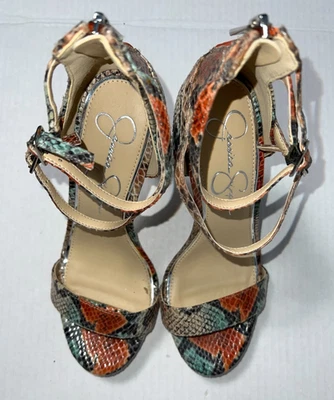 Jessica Simpson IMPRESIÓN DE PIEL DE SERPIENTE 2 correas para el tobillo tacón de aguja con cremallera talla 7 Foto 1 de 4