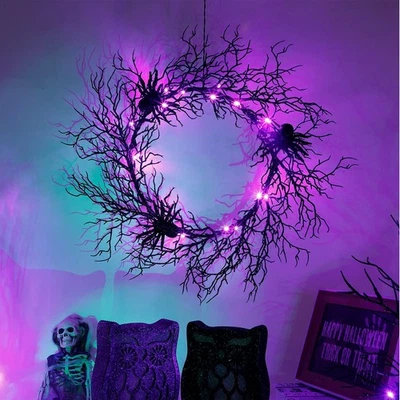 24 Inch Lighted Black Spider Halloween Wreath With Purple Lights For Front Door - Image 1 of 4