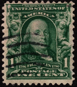 US Stamp Scott #300 Used Fine - 1 Cent Green Benjamin Franklin Definitive Issue - Picture 1 of 1