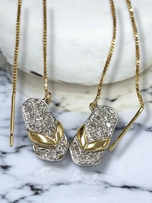 BEAUTIFUL 14k Two Tone Gold Diamond FLIP FLOP Sandal DANGLE Threader EARRINGS - Image 1 of 4
