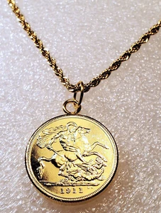 1911 St George Slaying Dragon Gold Plated Coin Pendant w/ Gold Filled Necklace! - Picture 1 of 6
