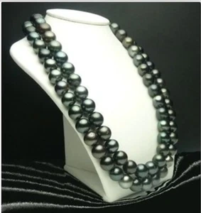2 rows 10mm Genuine BLACK GREEN TAHITIAN shell round PEARL NECKLACE 18" 14k gold - Picture 1 of 2