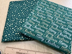 FABRIC BUNDLE - Christmas Green & Gold Merry Christmas & Stars Fabric - 2 x 0.5m - Picture 1 of 3