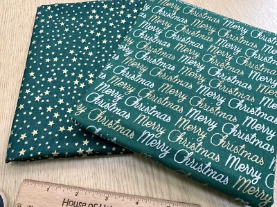 FABRIC BUNDLE - Christmas Green & Gold Merry Christmas & Stars Fabric - 2 x 0.5m - Image 1 of 3