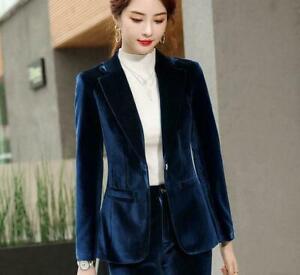 Women Lapel Collar Velvet Dress OL Formal Work Suit 2pcs Blazer Pants Slim Sets
