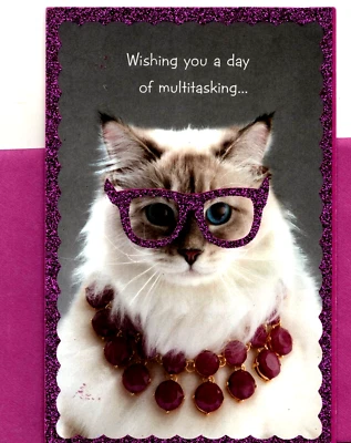 Divertida Tarjeta de Felicitación Feliz Cumpleaños Blanca Púrpura Posh Diva Elegante Gatito Gato Foto 1 de 3