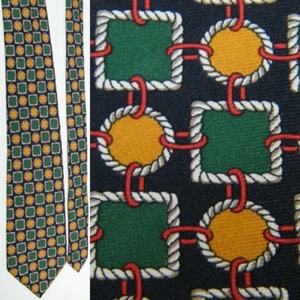 MEN BURBERRYS NAVY BLUE GRN MUSTARD GEOMETRIC CHAIN LINKS SILK NECKTIE NECK TIE - Picture 1 of 4