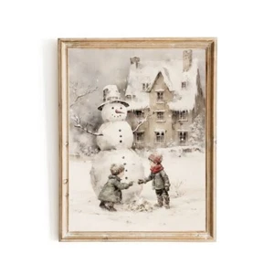 Children building Snowman Wall Art Vintage Winter Landscape Charming Children Ch - Picture 1 of 23