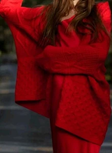 ZARA RED CABLE KNIT CARDIGAN COAT - Picture 1 of 8