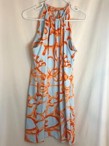 J McLaughlin Vestido Halter Sujetador Estante Azul Claro Naranja Estampado Talla XL Hecho en EE. UU. - Imagen 1 de 4