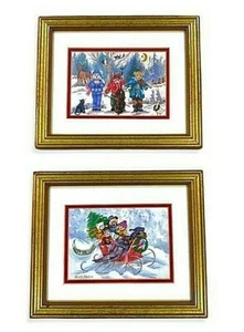 Helen Paul 2 Winter Christmas Teddy Bears Gold Framed Art Prints 11.5 x 9.5 Inch - Picture 1 of 12