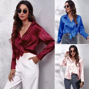Womens Satin Silk Solid Shirt Ladies Casual Baggy Button-up OL Work Blouse Tops - Picture 1 of 65